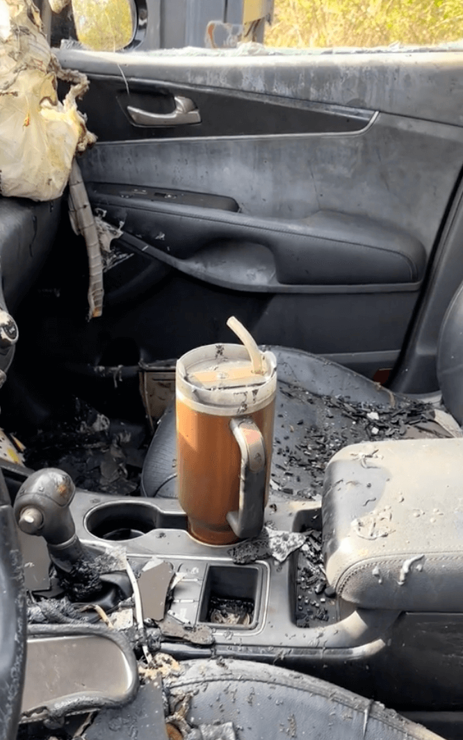 A lone Stanley Quencher was the miraculous survivor of a car fire, and still contained ice water